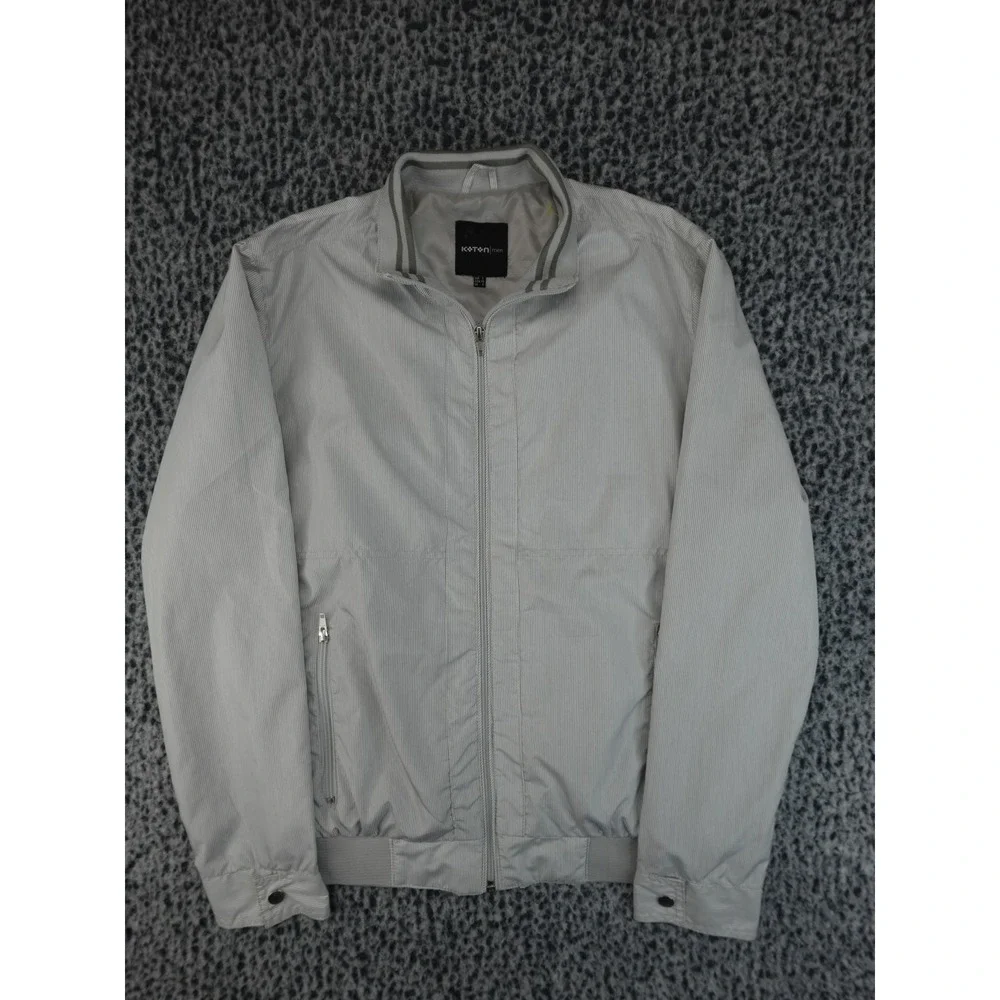 Koton Bomber Jacket Mens S Grey White Micro Stripe Zip Up Mock‎ Neck Good